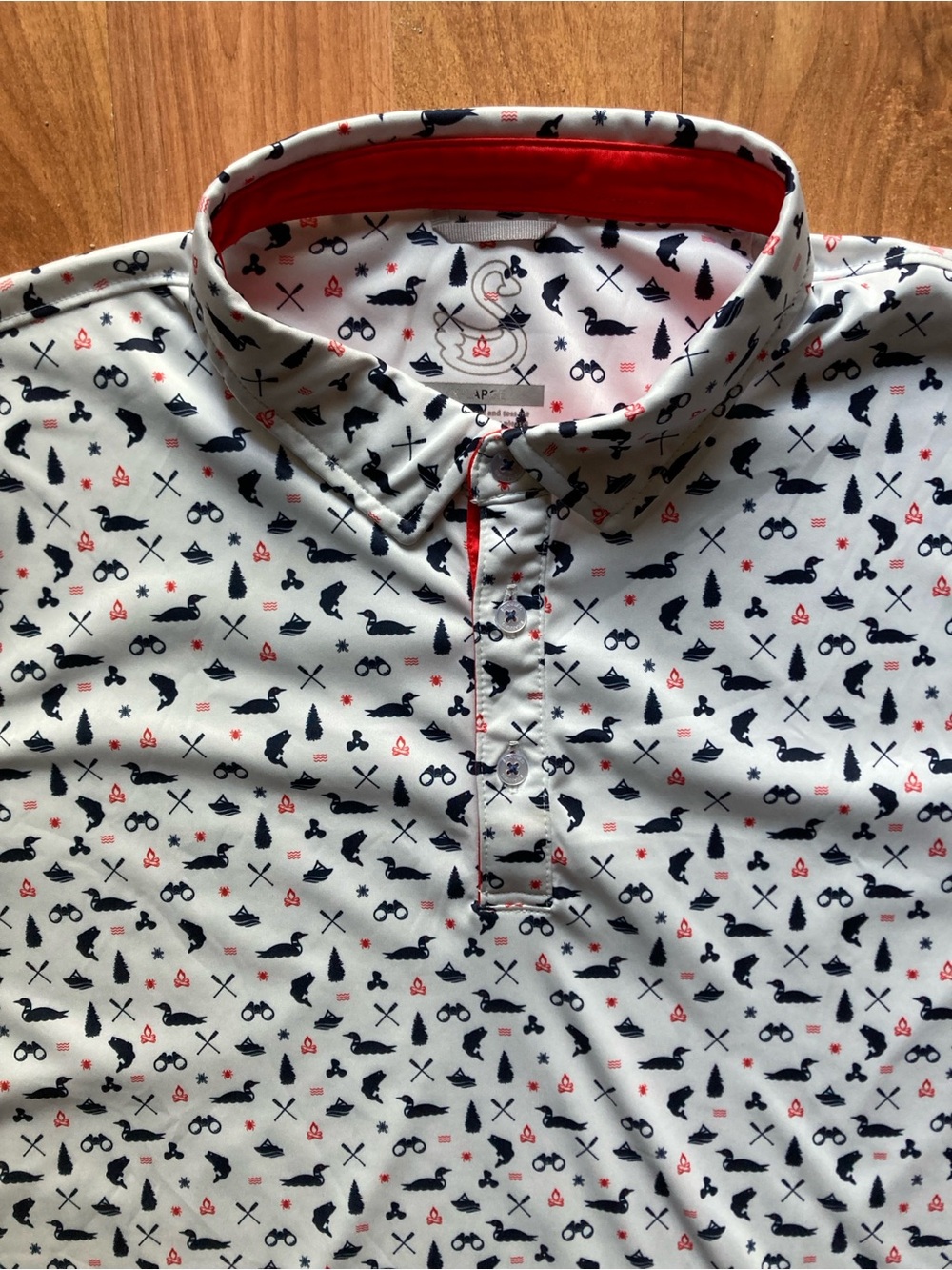 Swannies Short Sleeve Mens XL White Polo Shirt AOP Outdoors Ducks Fish Oars